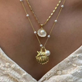 Boho Gold Shell & Starfish Pearl Layered Necklace  | 2-Piece Marine Pendant Necklaces