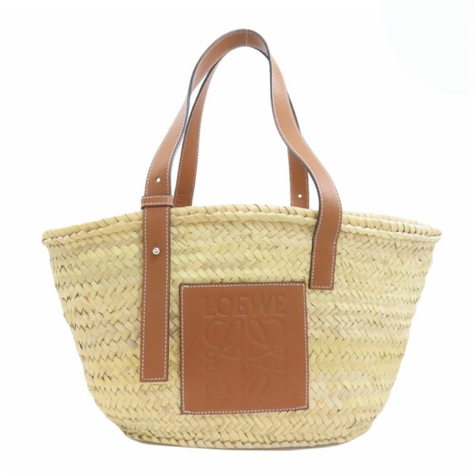 LOEWE Raffia Basket Tote Bag Natural Beige & Tan Leather – Previously Owned Authentic