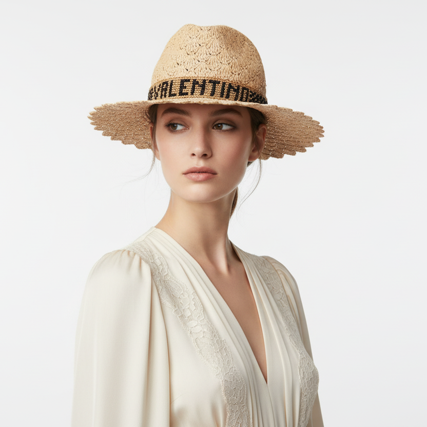 Valentino x Borsalino Straw Panama Hat Natural - Embroidered Logo Previously Owned Pristine Authentic