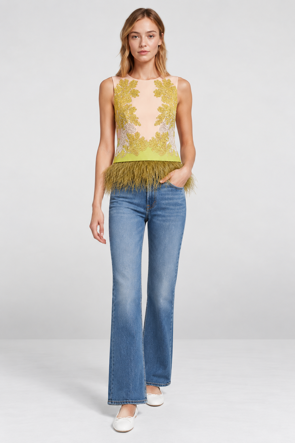 Botanical Print Feather-Trim Sleeveless Top & Midi Matching Skirt Set