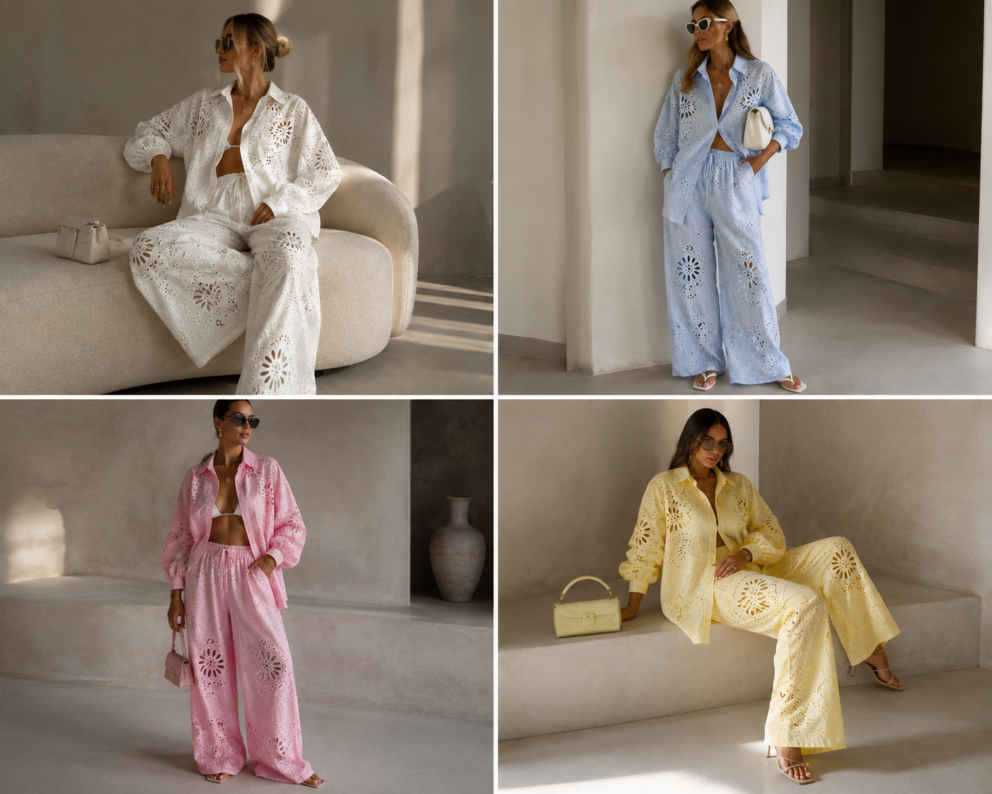 Embroidered Eyelet wide leg & oversized Matching shirt two-piece co-ord Outfit