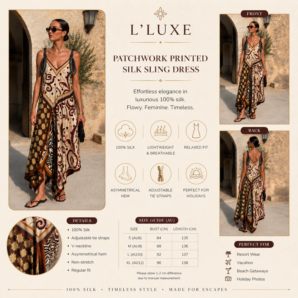Designer Inspired Patchwork Printed Silk Sling Dress with Adjustable Tie Straps