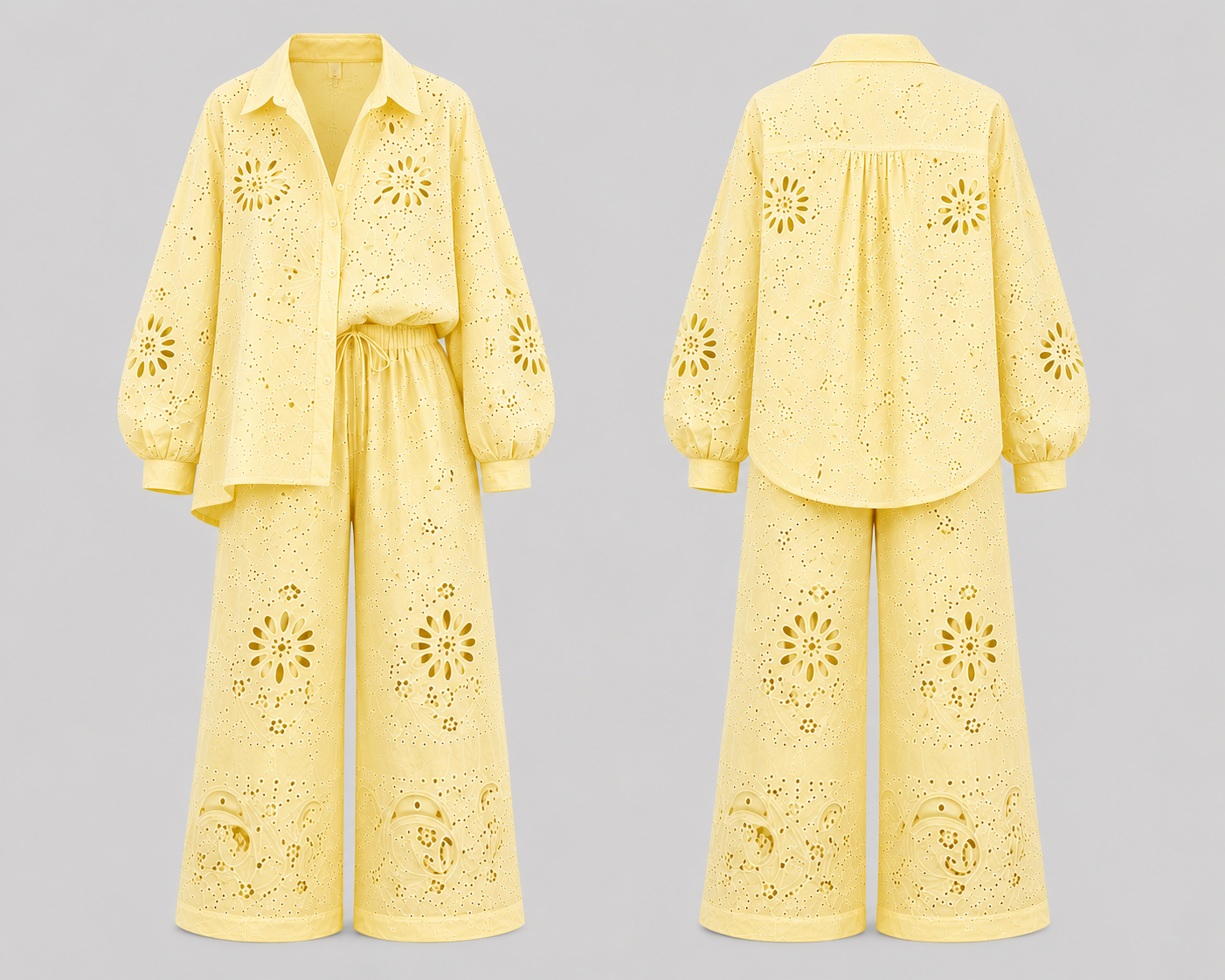 Embroidered Eyelet wide leg & oversized Matching shirt two-piece co-ord Outfit