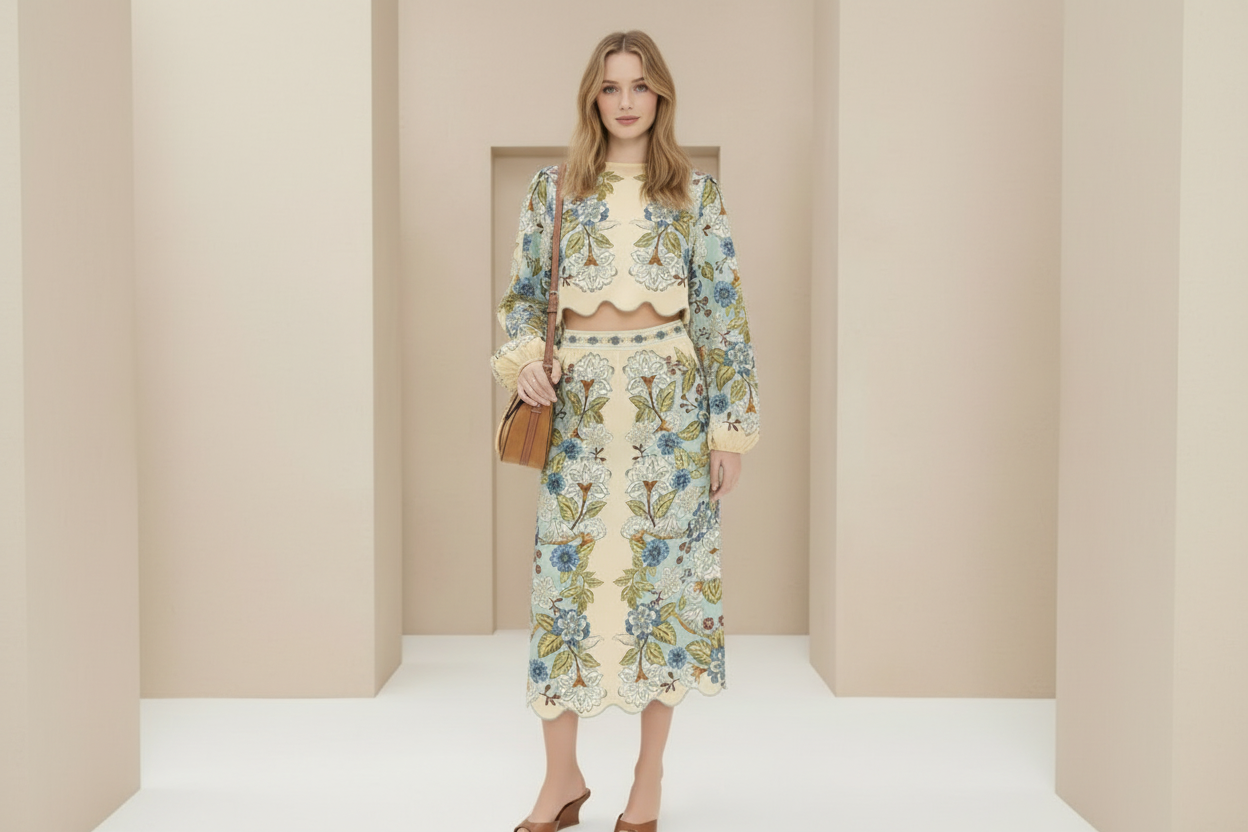 Refined Embroidered Floral Top & Skirt Set