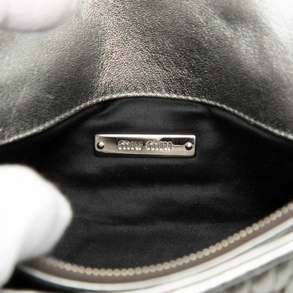 Miu Miu Matelassé Nappa Crystal Chain Shoulder Bag Silver Leather previously owned Authentic