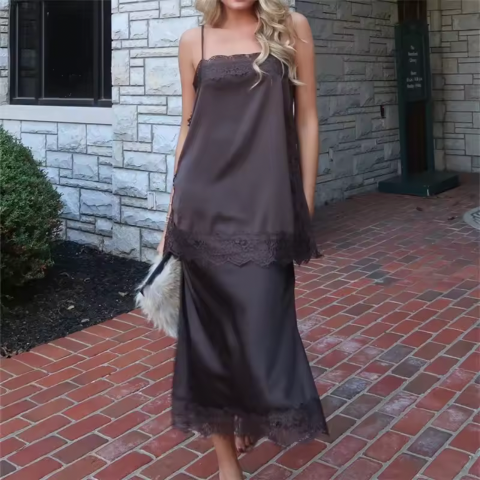 Satin Lace Trim Cami Skirt Set
