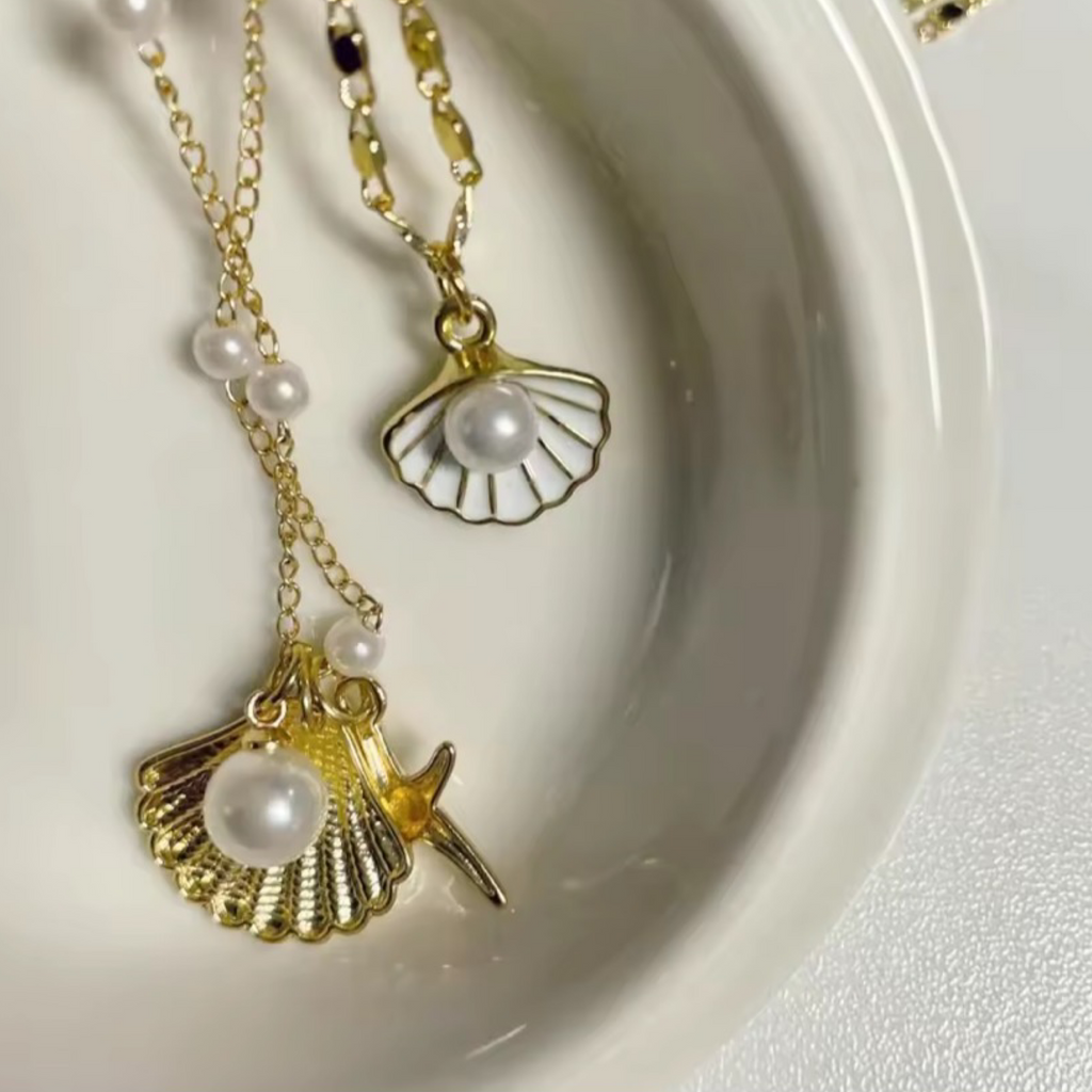 Boho Gold Shell & Starfish Pearl Layered Necklace  | 2-Piece Marine Pendant Necklaces