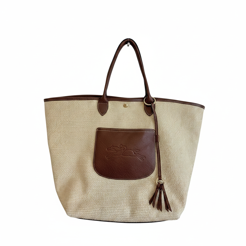 Longchamp Le Pliage Collection Large Basket Tote – Natural Authentic Previously Owned