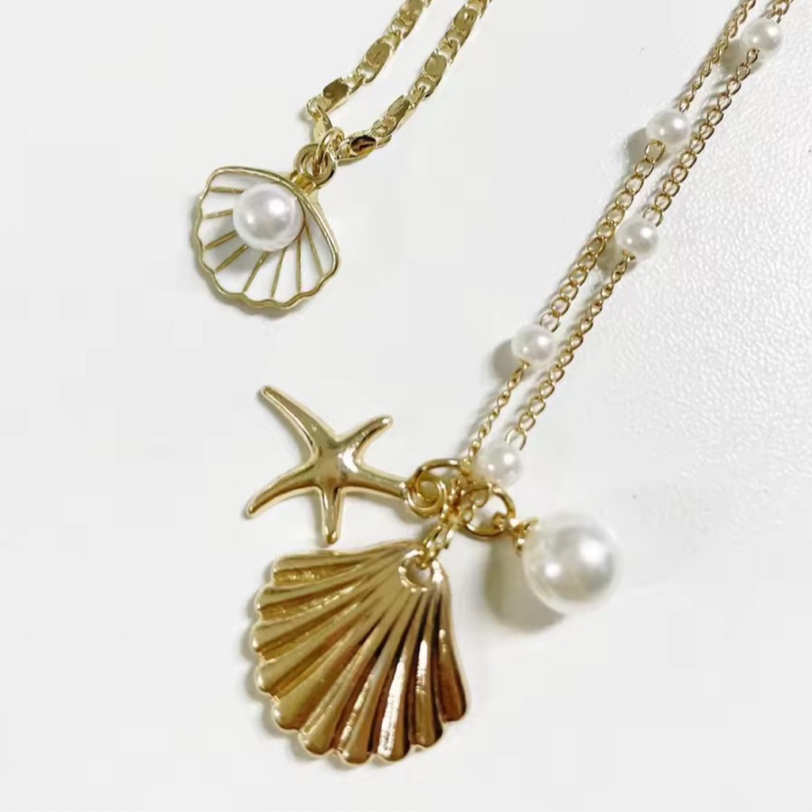 Boho Gold Shell & Starfish Pearl Layered Necklace  | 2-Piece Marine Pendant Necklaces