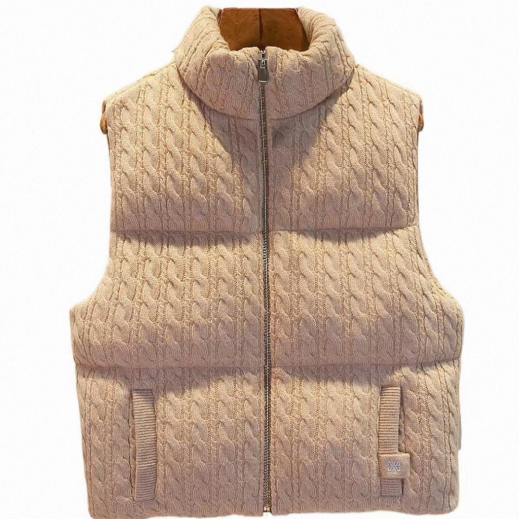 Cable-Knit Padded Zip Vest – Beige