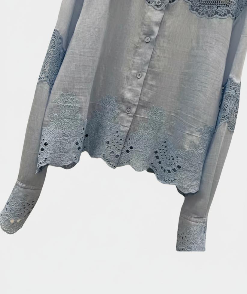 Blue & White Silk Linen Embroidered Lace Shirt or Pleated Skirt Set