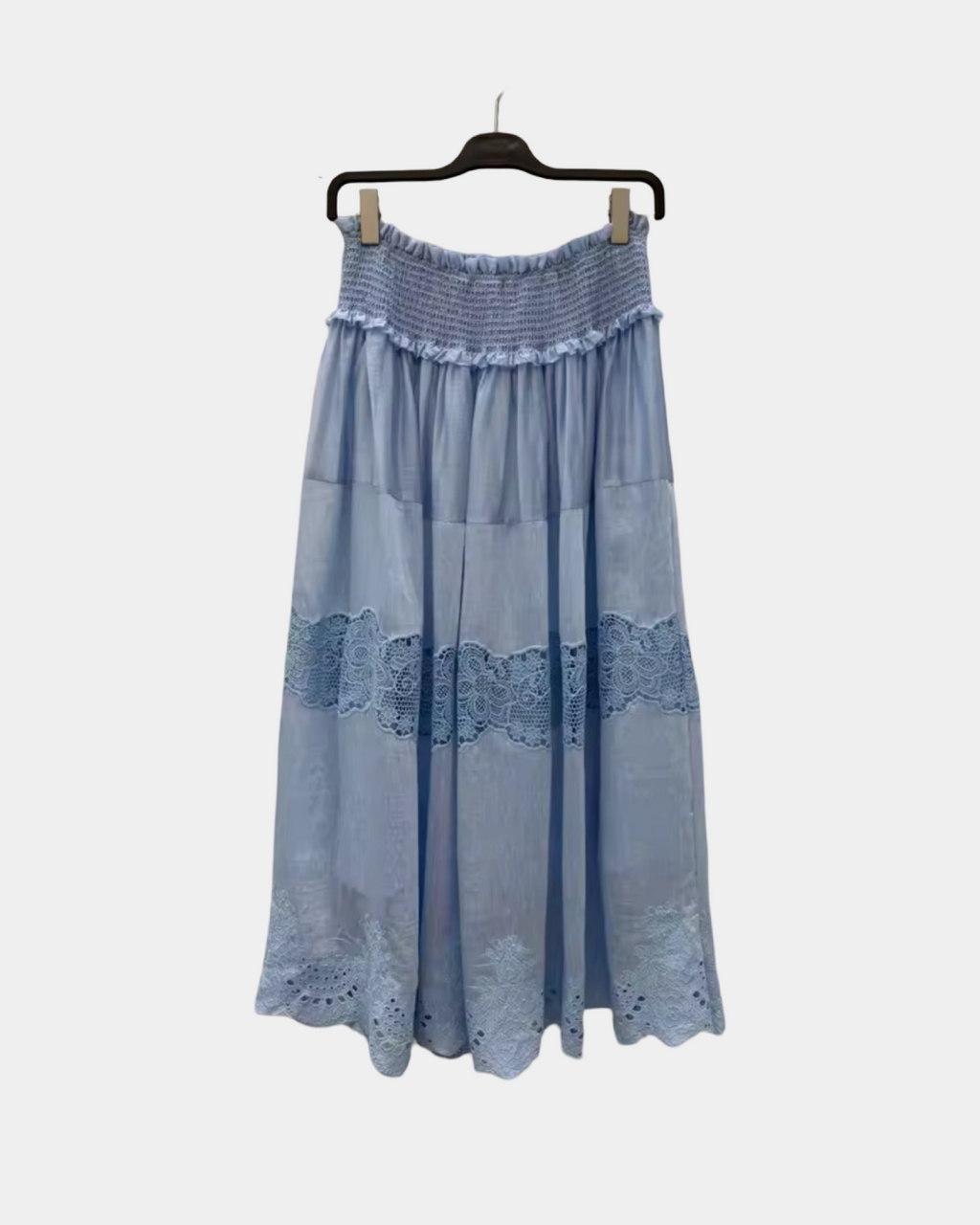 Blue & White Silk Linen Embroidered Lace Shirt or Pleated Skirt Set