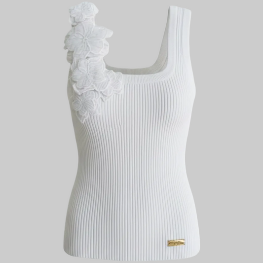 White Ribbed Floral Appliqué Knit Tank | L’LUXE Luxury Edit