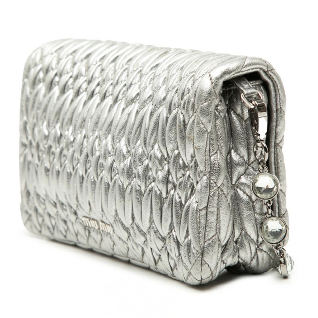 Miu Miu Matelassé Nappa Crystal Chain Shoulder Bag Silver Leather previously owned Authentic