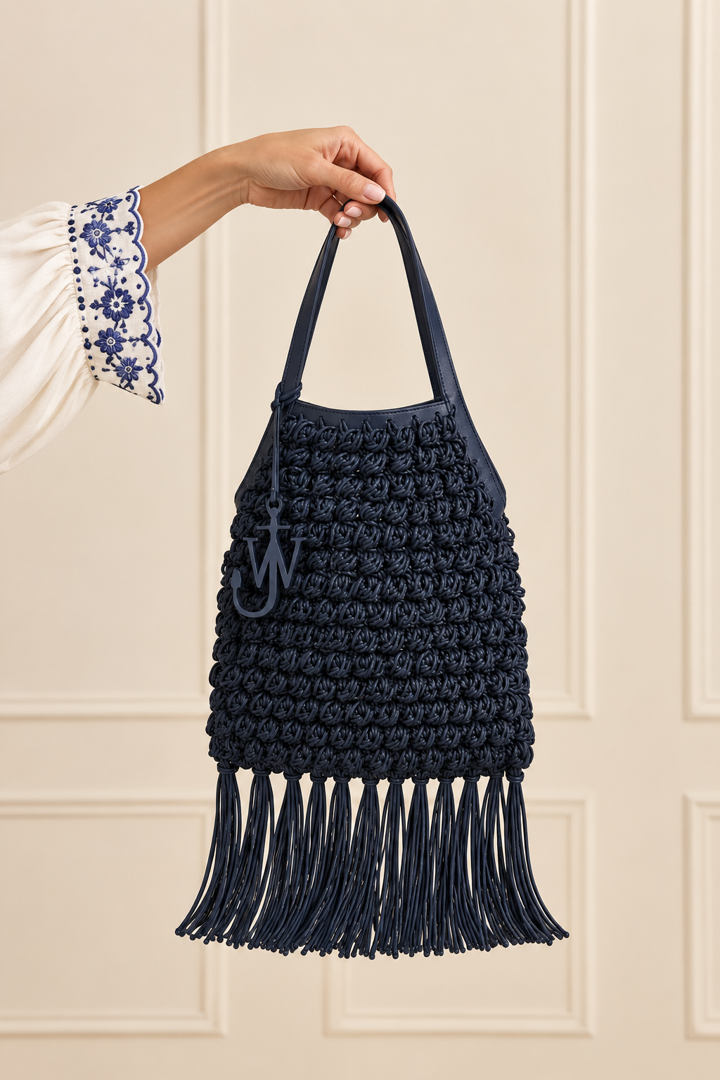 Sac cabas crocheté à franges « Popcorn » JW Anderson – Marine – Authentique – D'occasion