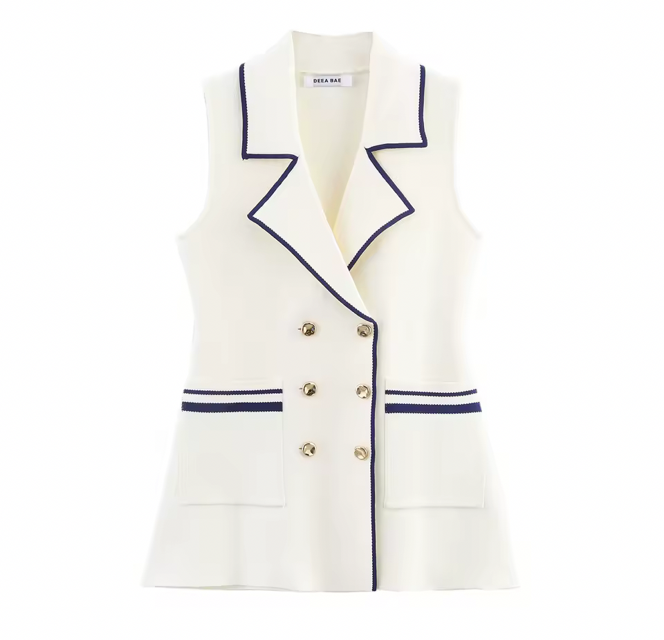 Women’s Double-Breasted Contrast Trim Knit Vest – White – Sleeveless Tailored Waistcoat