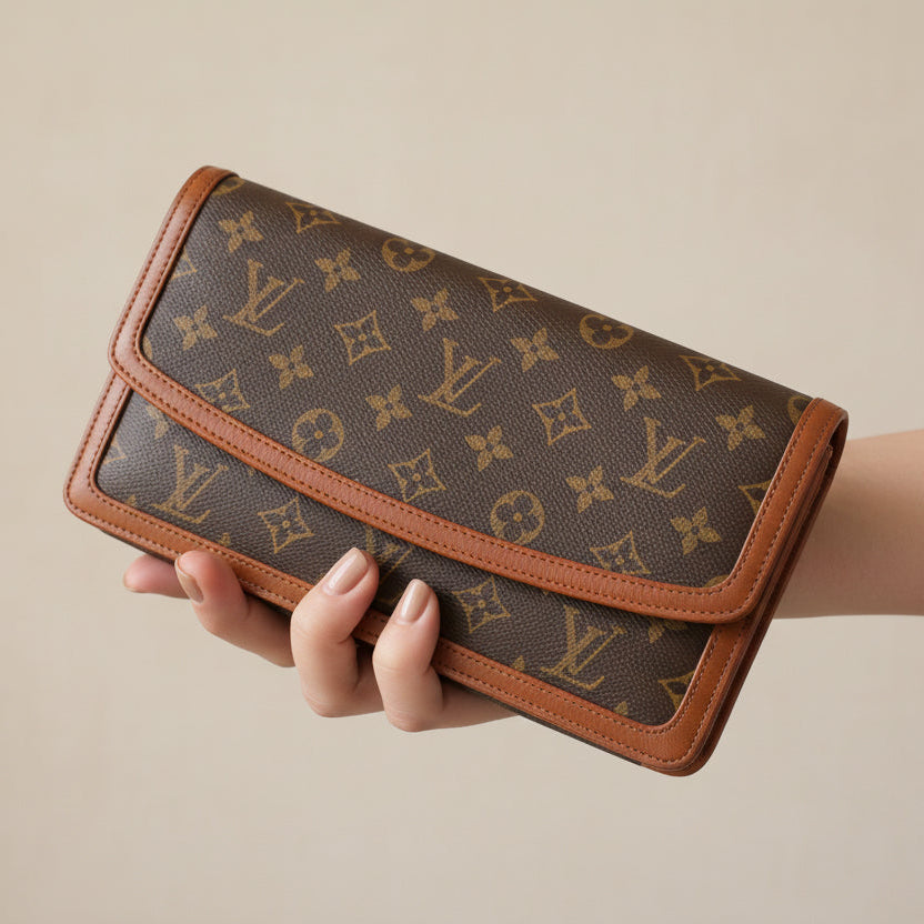 Louis Vuitton Pochette Dame PM Monogram Canvas Brown Clutch Bag  – Previously Owned Acceptable Condition | L’LUXE Authentic’s