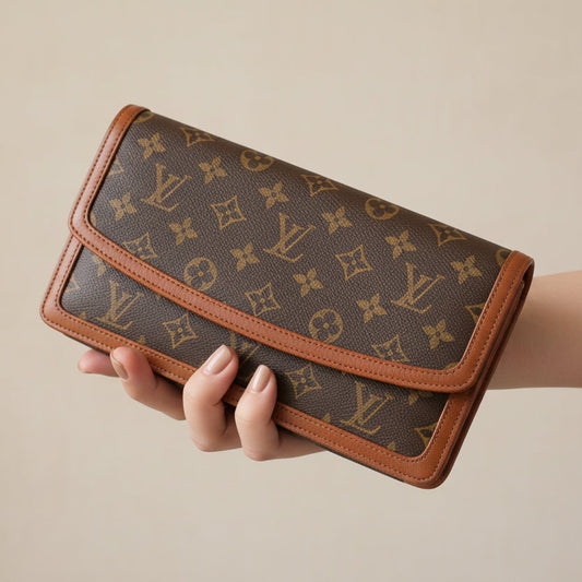 Louis Vuitton Pochette Dame PM Monogram Canvas Brown Clutch Bag  – Previously Owned Acceptable Condition | L’LUXE Authentic’s