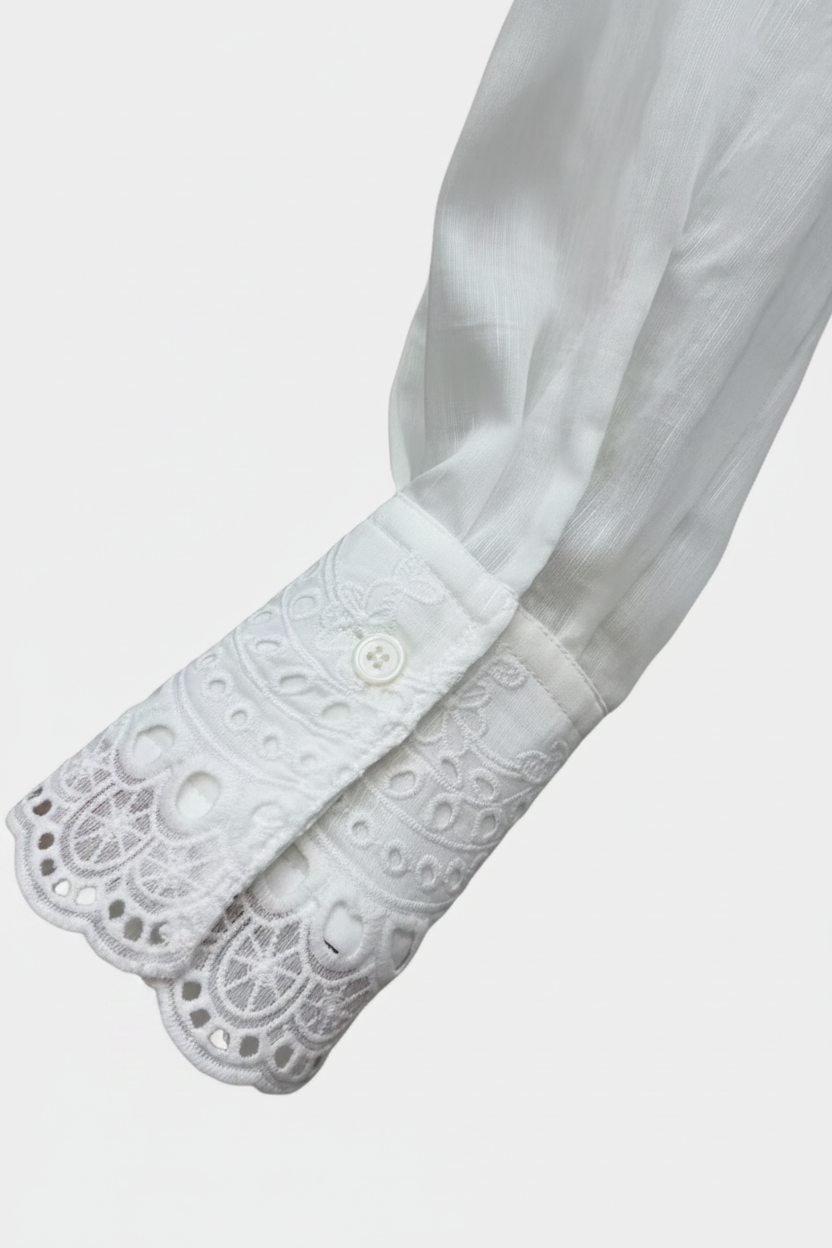 Blue & White Silk Linen Embroidered Lace Shirt or Pleated Skirt Set
