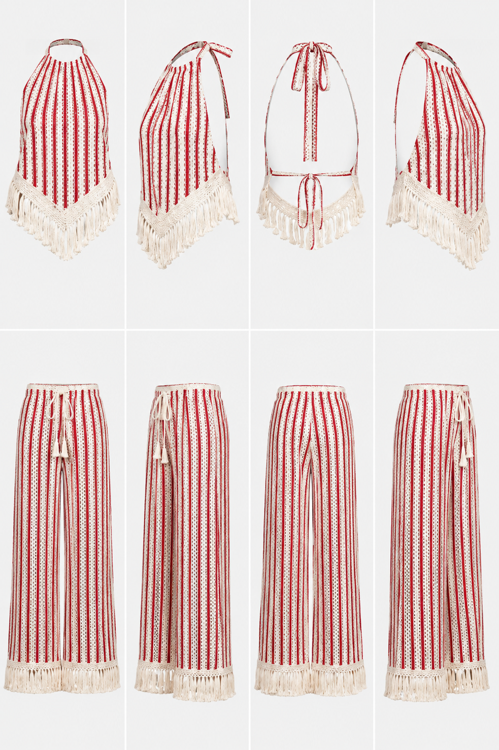 Bohemian Crochet Stripe Matching Co-Ord Outfit | Fringe Halter Top & Wide Leg Resort Pants | L’LUXE