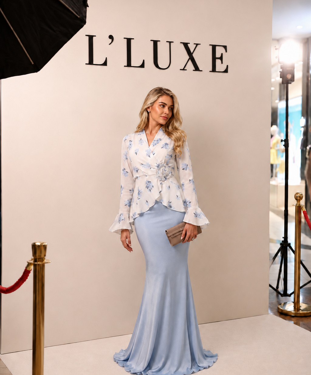 Blue Floral Wrap Blouse & Mermaid Skirt Two-Piece Set