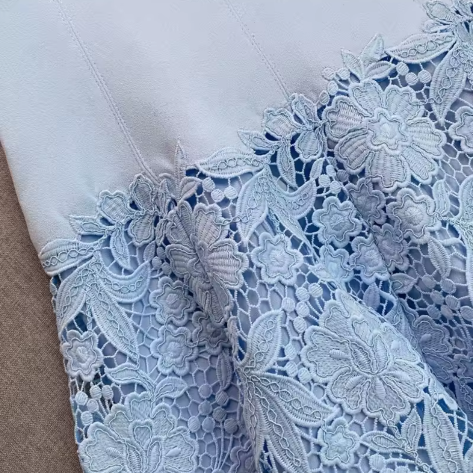 Sky Blue Embellished Lace Hem Mini Dress