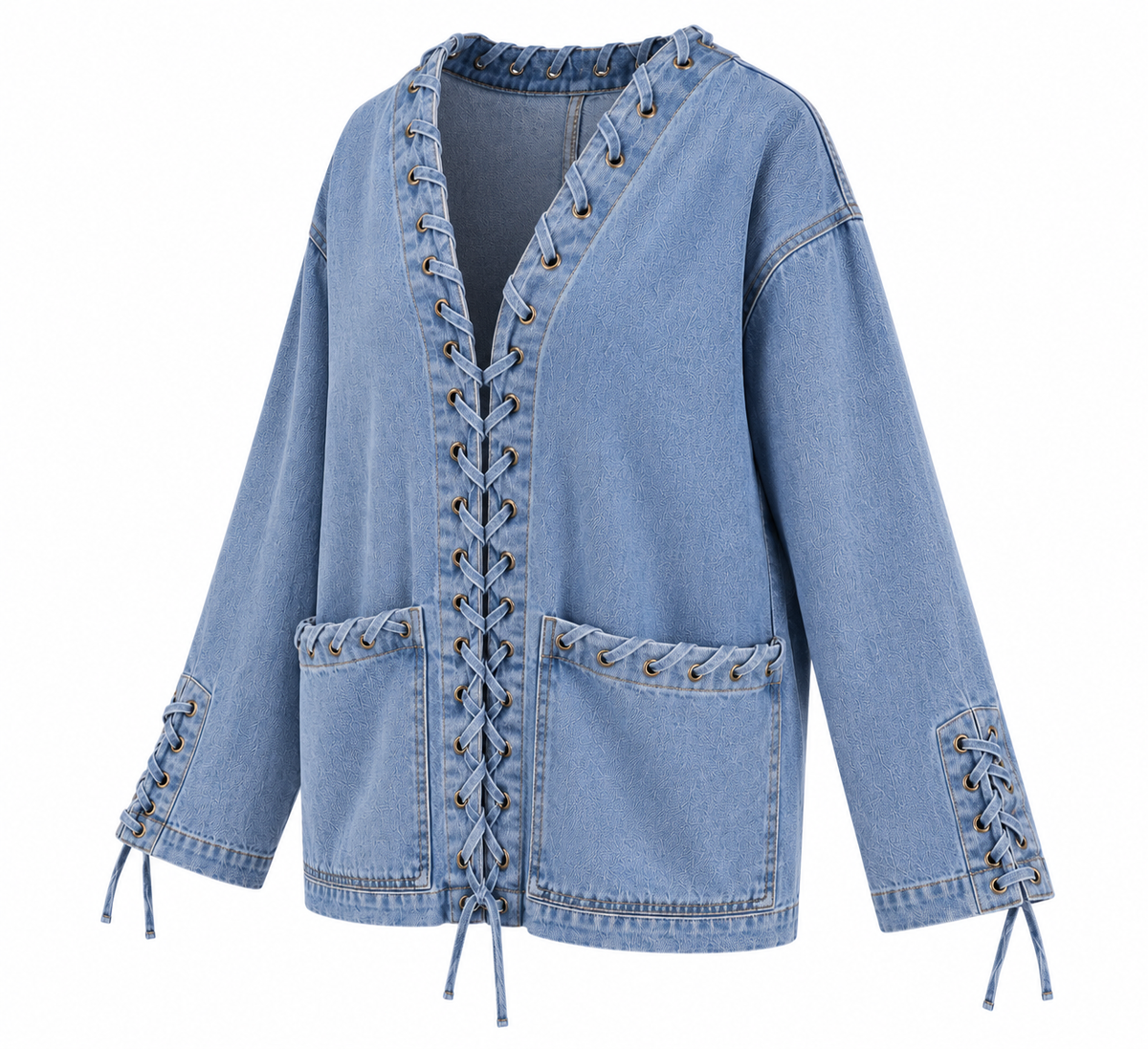 L’LUXE Lace-Up Oversized Denim Jacket – Sky Blue