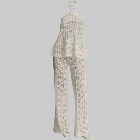 Lace Look Jacquard Finish Halter Sleeveless Top & Wide-Leg Pant Set | L’LUXE Resort •Wear