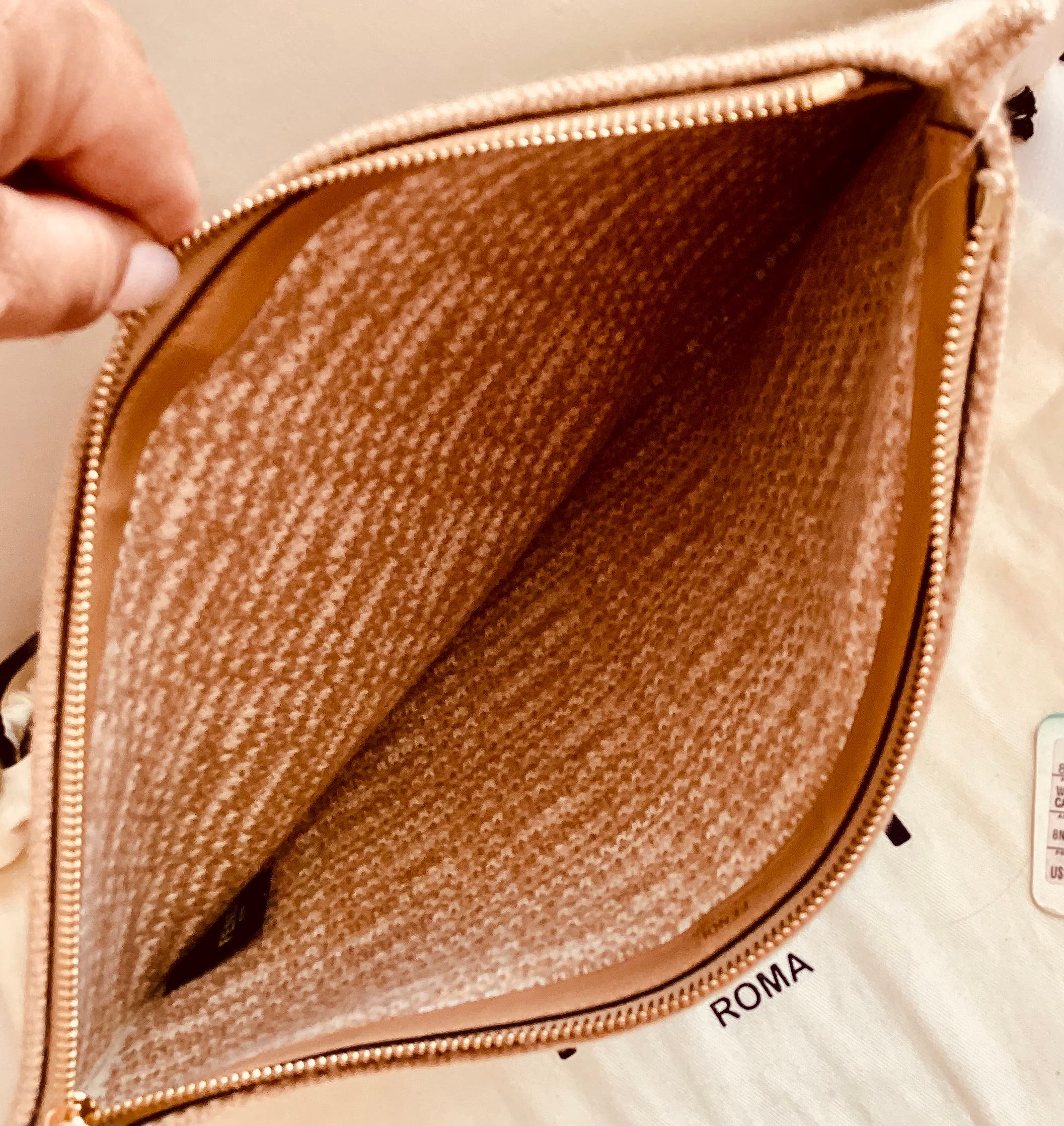 Fendi FF Fabric Flat Pouch Wristlet Cammello Beige & White – Previously Owned Authentic