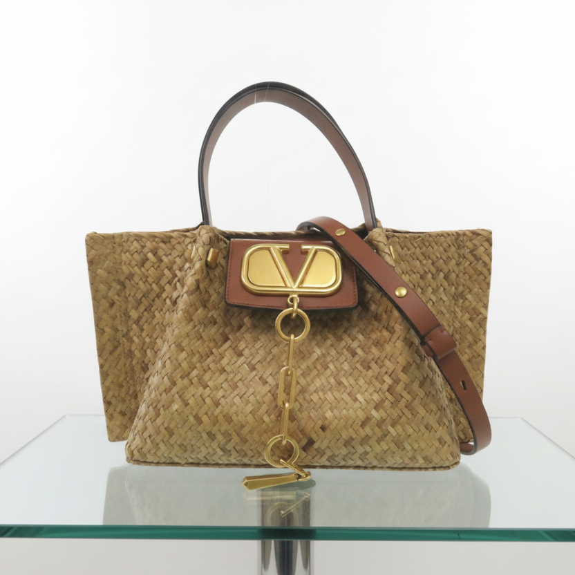 Valentino Garavani V Logo Straw 2-Way Tote Crossbody Previously Owned Authentic