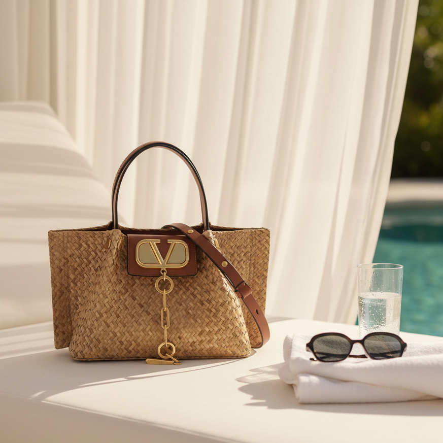 Valentino Garavani V Logo Straw 2-Way Tote Crossbody Beige Brown – Excellent Condition | L’LUXE Authentic’s