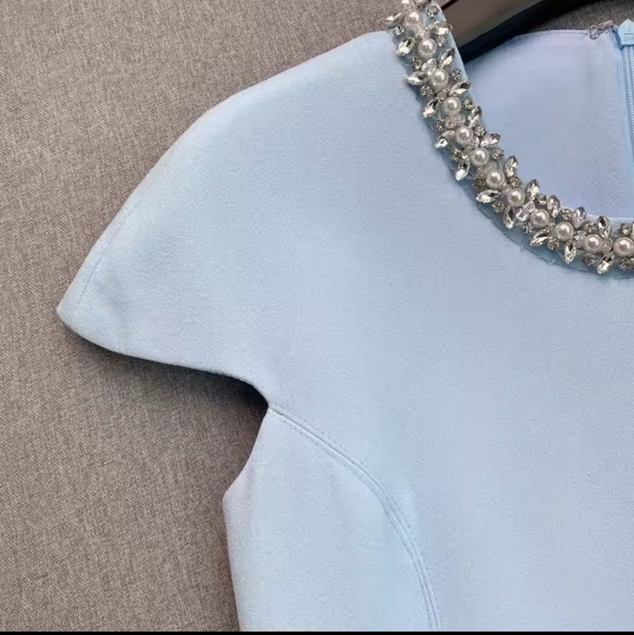 Sky Blue Embellished Lace Hem Mini Dress