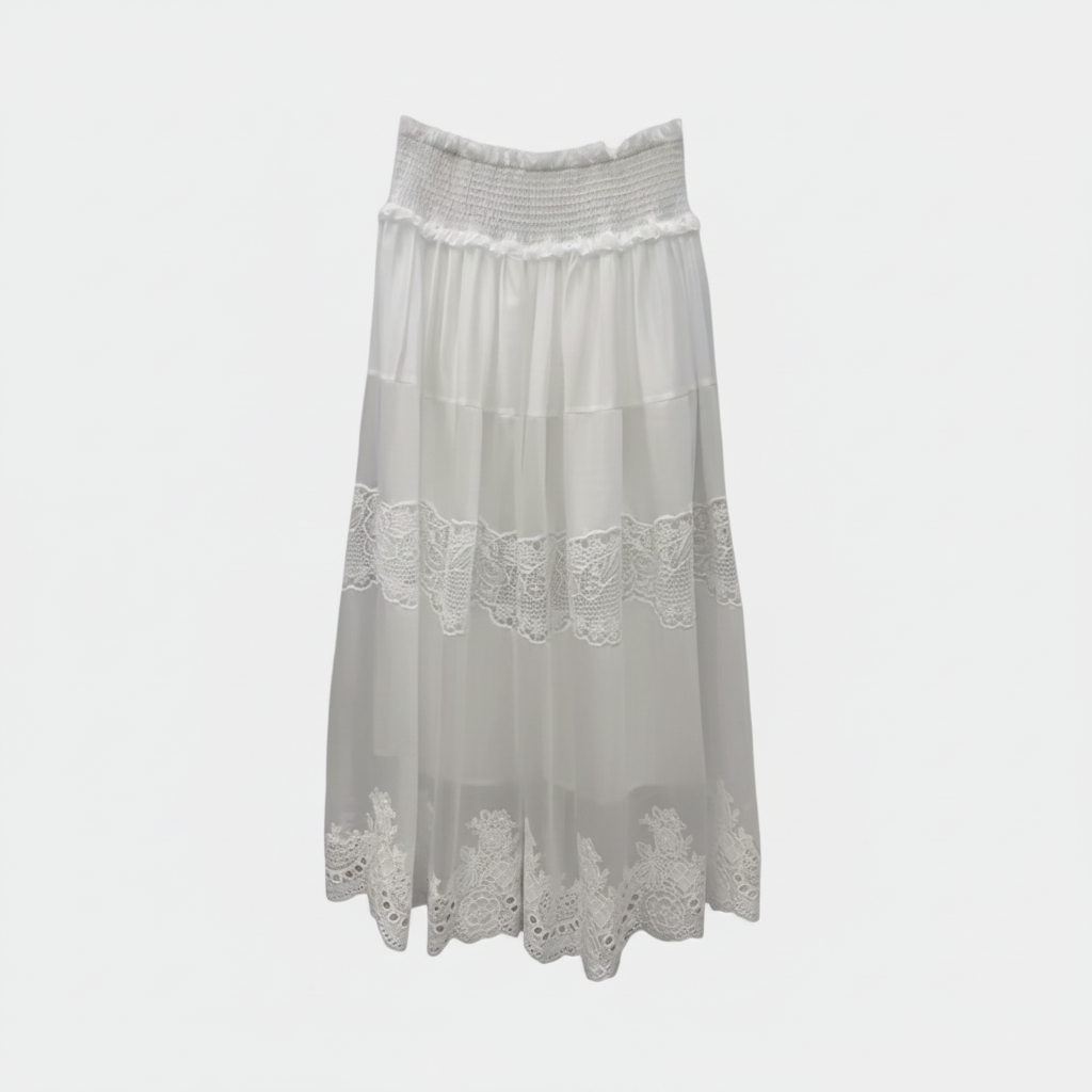 Blue & White Silk Linen Embroidered Lace Shirt or Pleated Skirt Set