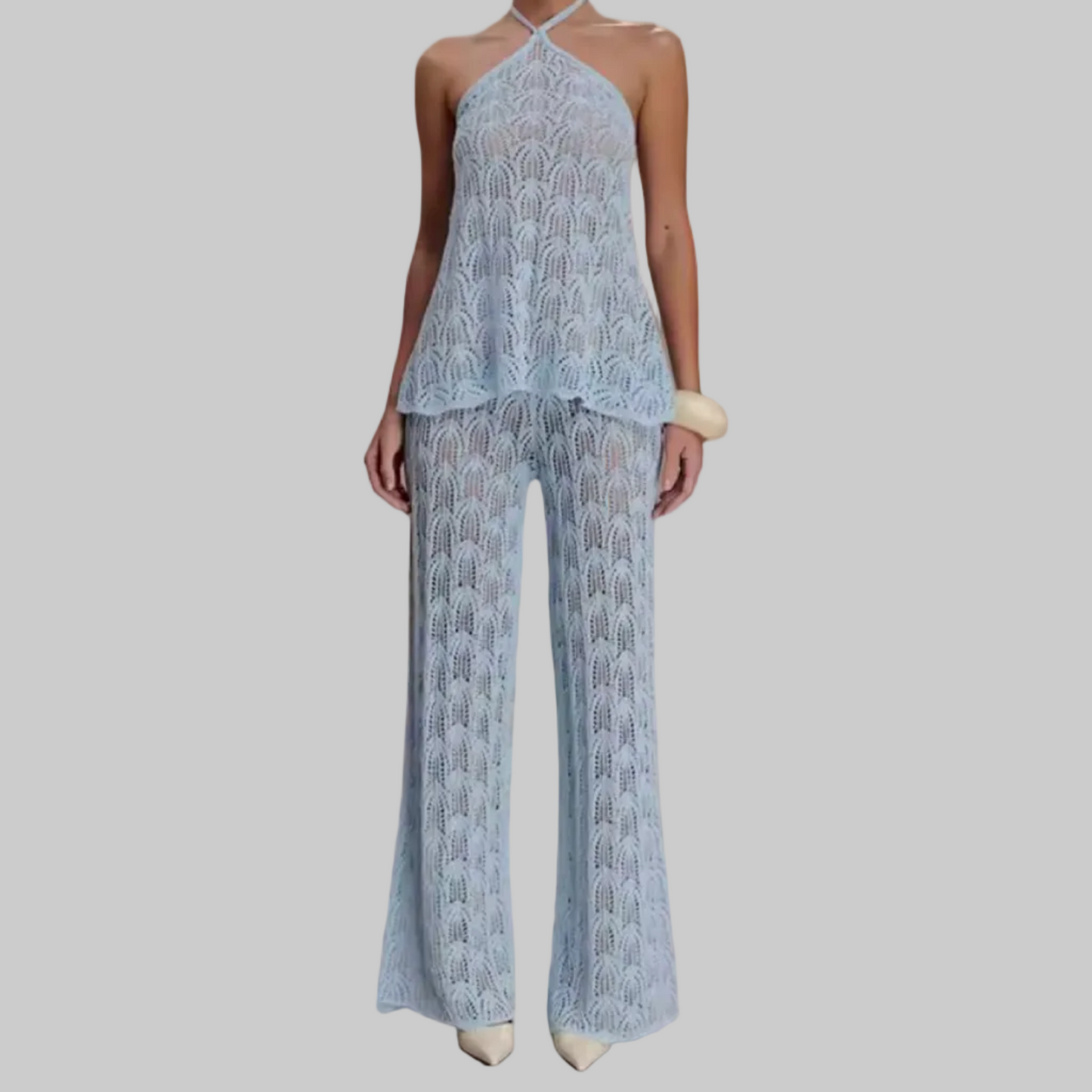 Lace Look Jacquard Finish Halter Sleeveless Top & Wide-Leg Pant Set | L’LUXE Resort •Wear