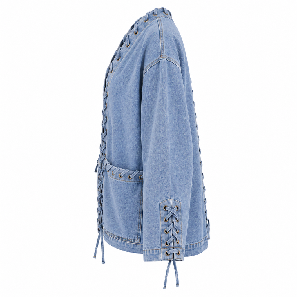 L’LUXE Lace-Up Oversized Denim Jacket – Sky Blue