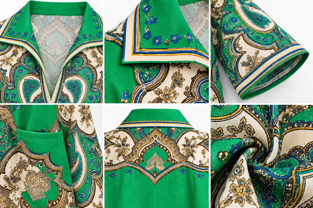 Green Paisley Print Linen Mini Shirt Dress