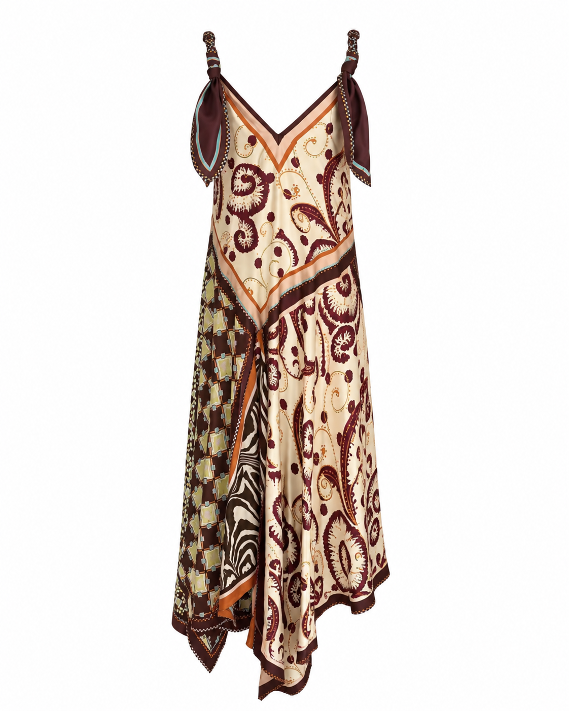 Designer Inspired Patchwork Printed Silk Sling Dress with Adjustable Tie Straps