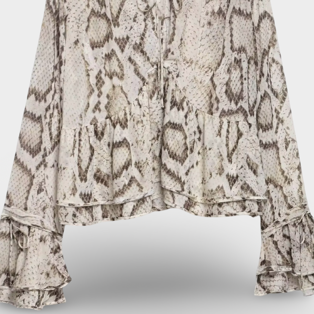 Snake Print Bell Sleeve Blouse | Women’s Lightweight Woven Crew Neck Top & Matching pants Inspired Vintage Outfit | Loose Fit