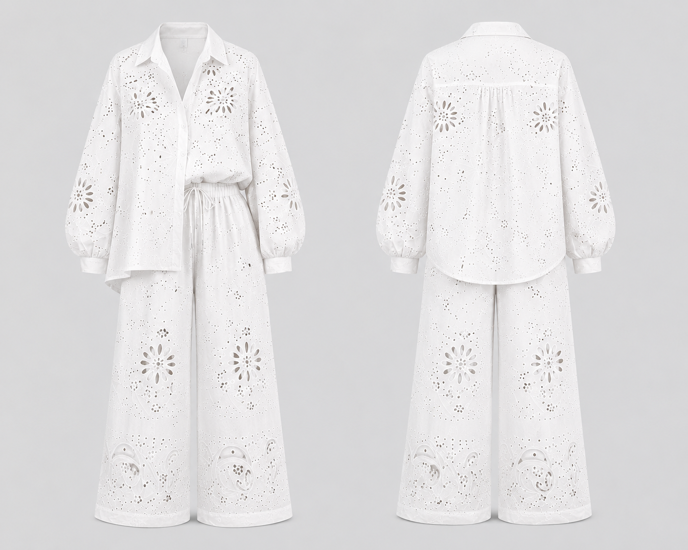 Embroidered Eyelet wide leg & oversized Matching shirt two-piece co-ord Outfit