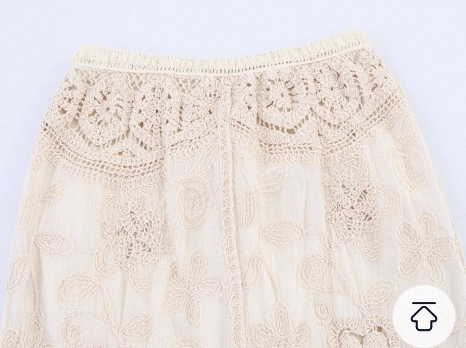Off-White Embroidered Crochet Fringe Maxi Skirt
