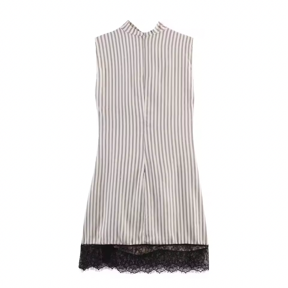 Sleeveless Lace Hem Pleated Mini Dress – Mock Neck Back Zipper Chic Dress