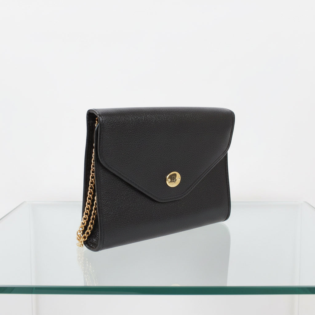 Christian Dior  Black Leather Chain Shoulder Bag – Gold Hardware Envelope Flap – 100% Authentic Previously Owned Very Good Condition | L’LUXE Vintage