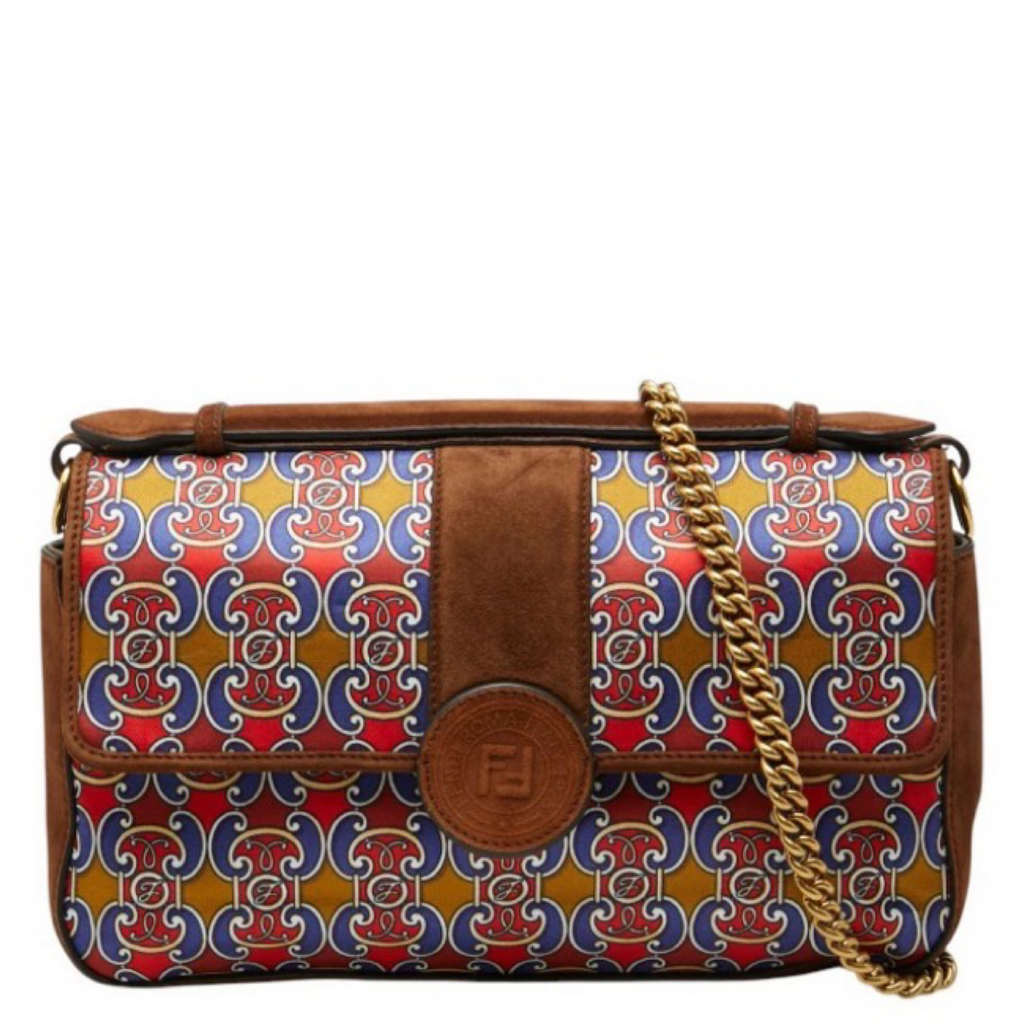 FENDI Double F Suede & Satin 2-Way Chain Shoulder Bag – Brown Multicolor | Previously Owned Authentic