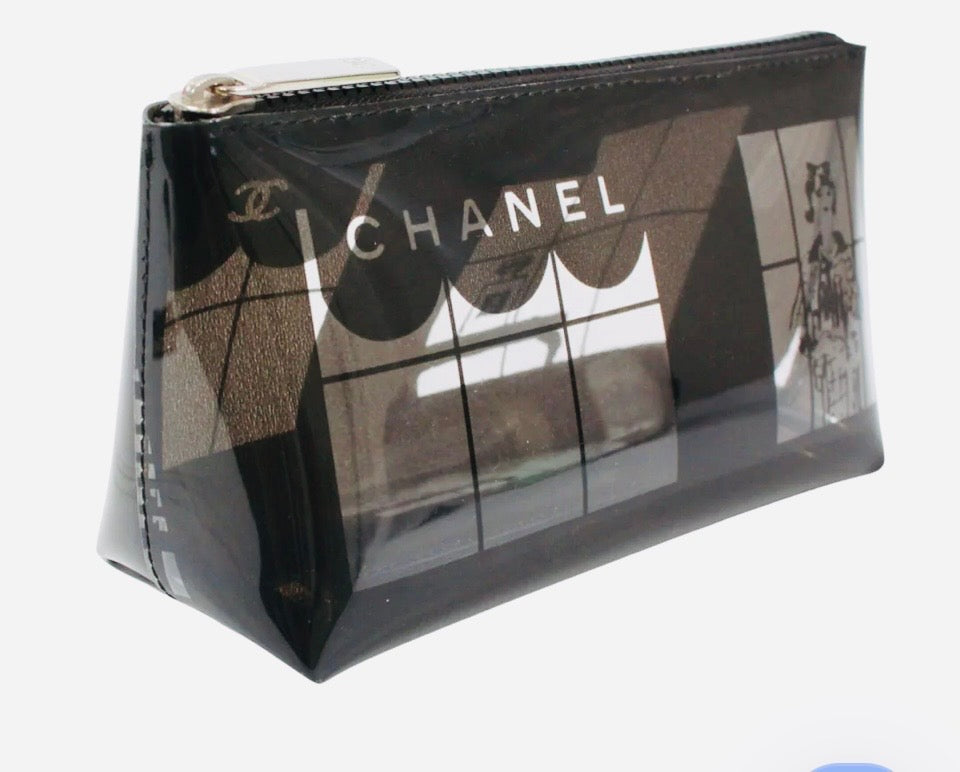 Chanel Windows Line Clear Pouch Black PVC Silver Hardware Previously Owned Authentic