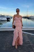 Women’s Strapless Pink Ruffle Chiffon Maxi Dress | High-Waist Occasion Dress