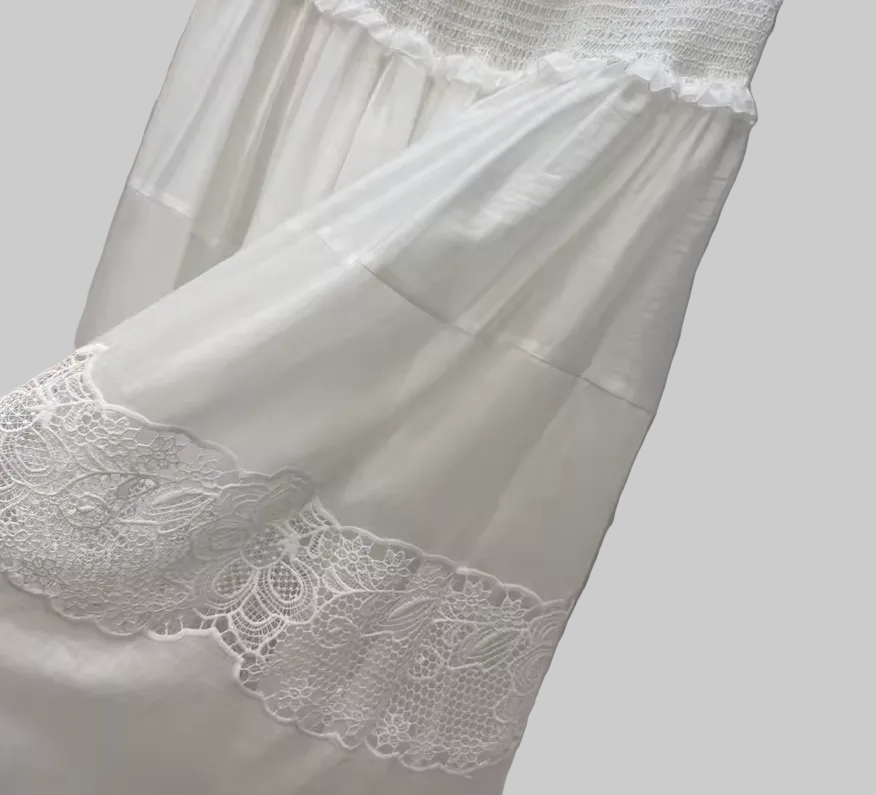 Blue & White Silk Linen Embroidered Lace Shirt or Pleated Skirt Set