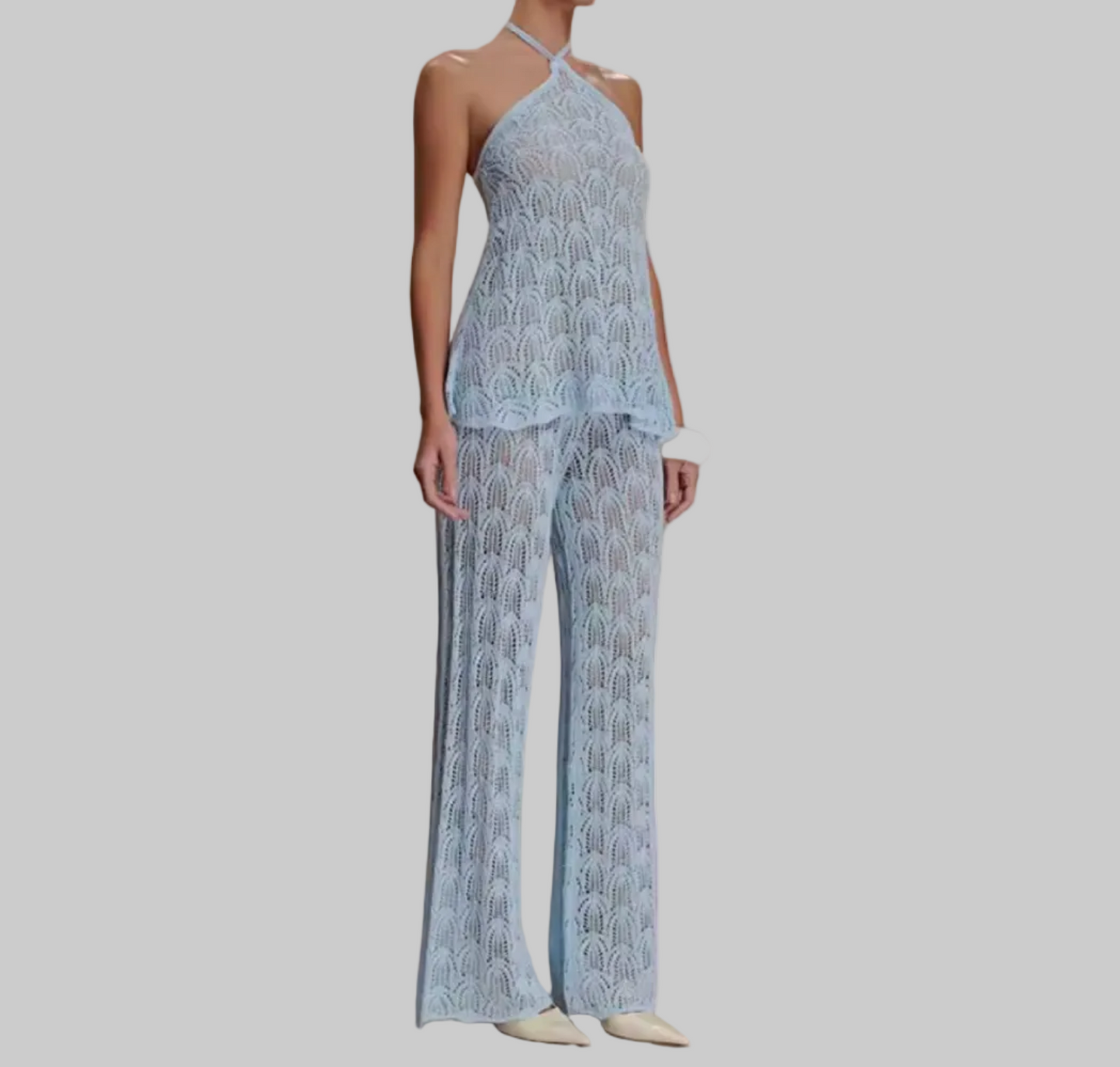 Lace Look Jacquard Finish Halter Sleeveless Top & Wide-Leg Pant Set | L’LUXE Resort •Wear