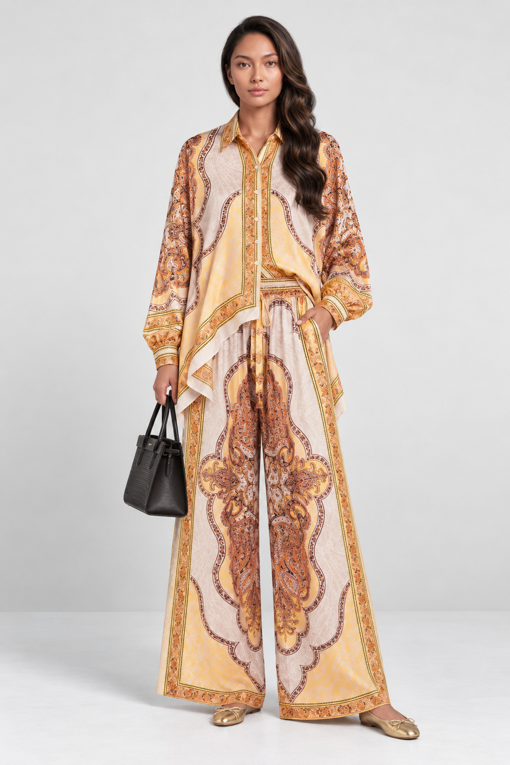 Golden Paisley Two-Piece Shirt & Wide-Leg Pant Set