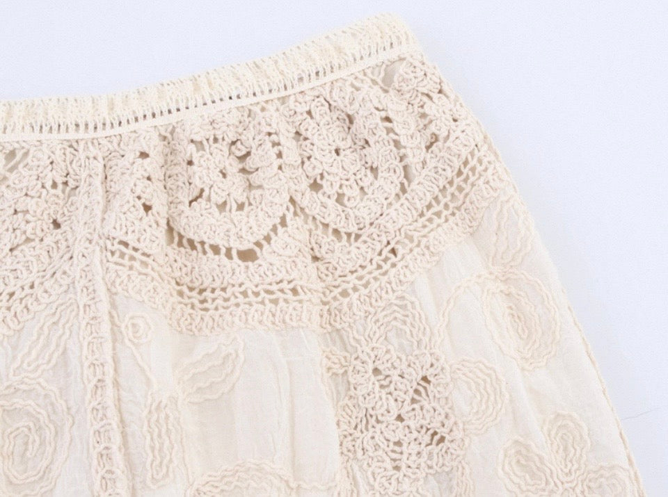 Off-White Embroidered Crochet Fringe Maxi Skirt