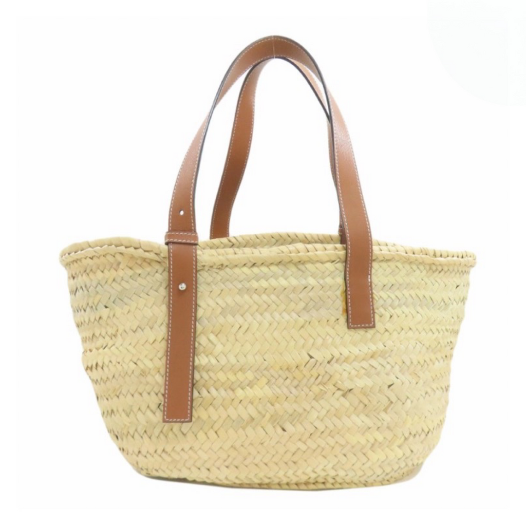 LOEWE Raffia Basket Tote Bag Natural Beige & Tan Leather – Previously Owned Authentic